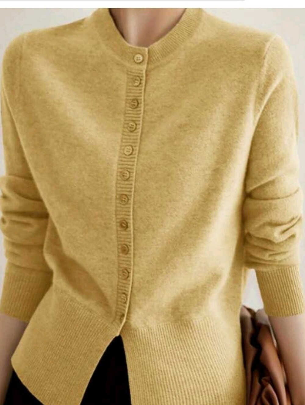 Soft Crewneck Button-Front Sweater Cardigan — Yellow